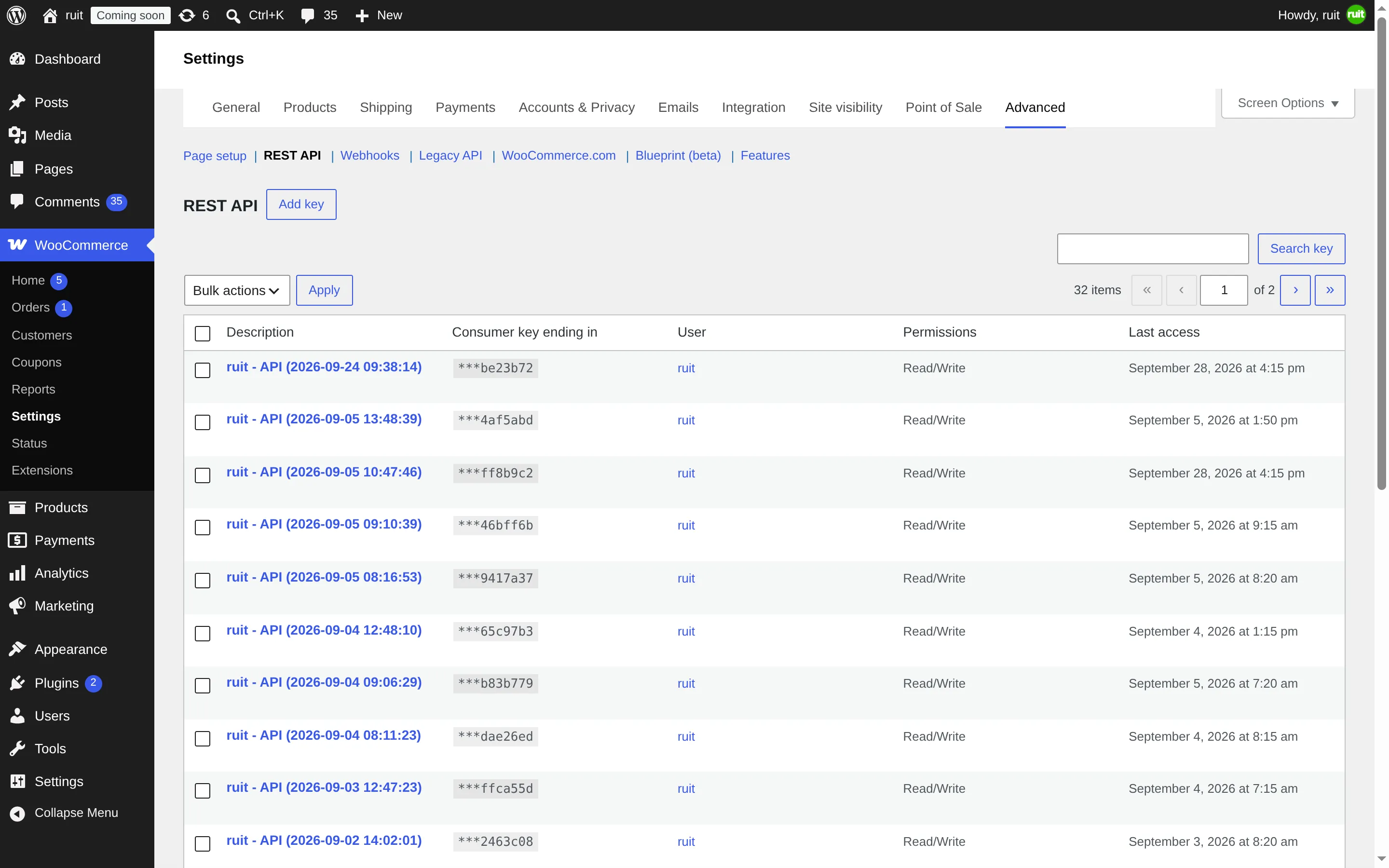 The Advanced tab of the WooCommerce settings, in the REST API section, with the list of existing keys and the Add key button next to the heading