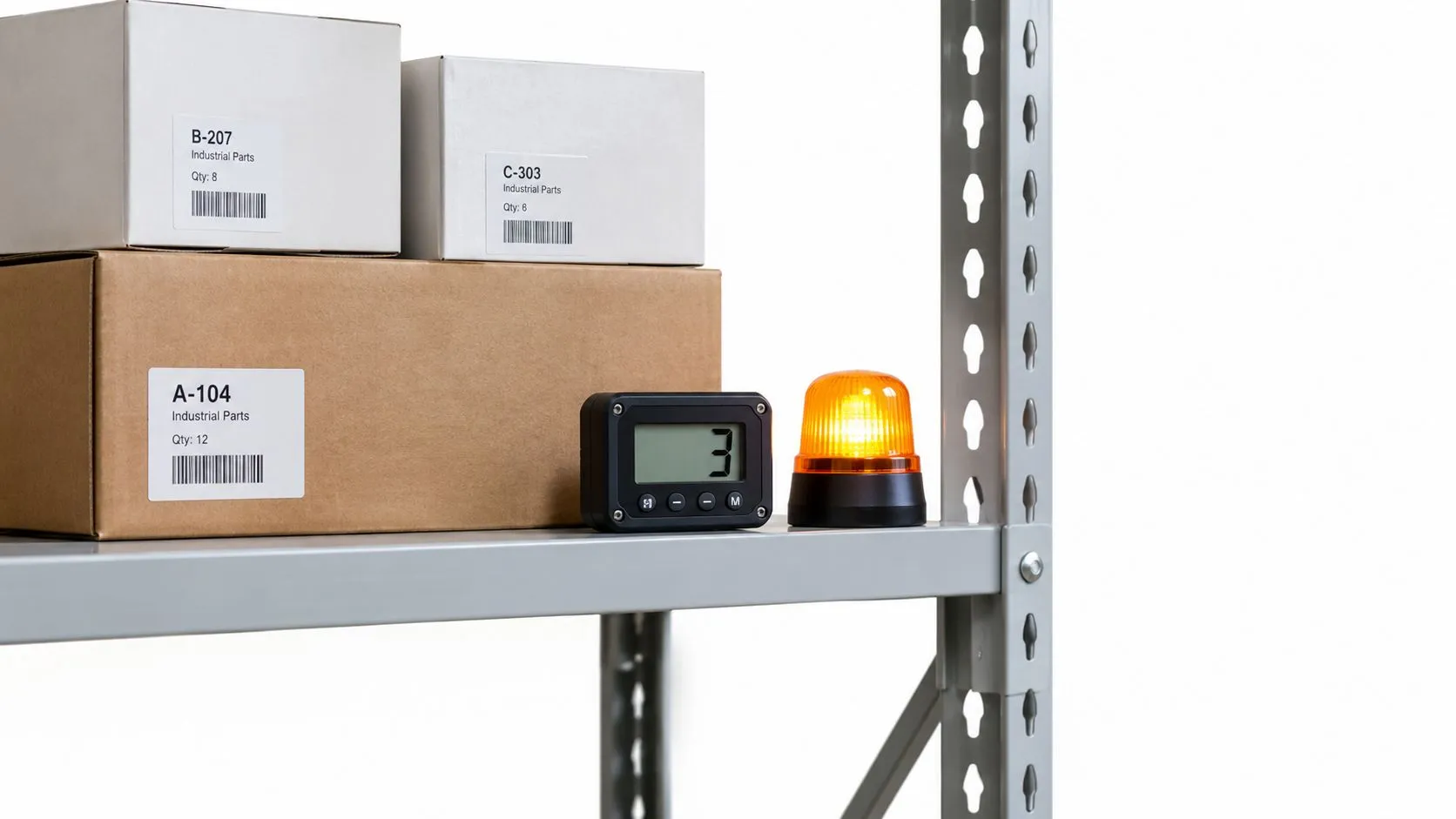 Étagère de cartons étiquetés avec un compteur qui affiche 3 et un gyrophare orange allumé, qui illustre une alerte de stock faible